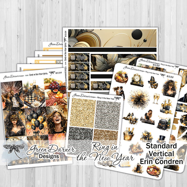 Load image into Gallery viewer, Ring in the New Year - standard vertical/Erin Condren weekly planner sticker kit
