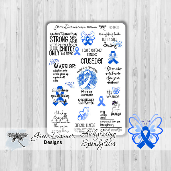Load image into Gallery viewer, Ankylosing Spondylitis Warrior, mental health stickers, blue ribbon

