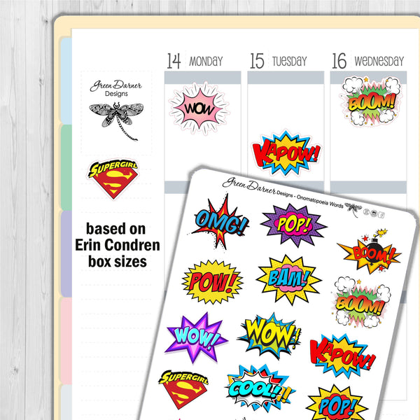 Load image into Gallery viewer, Onomatopoeia planner stickers - action comic speech bubbles
