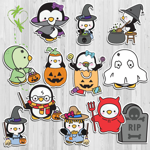 Penguin dressed in Halloween costumes