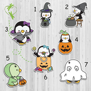 Penguin dressed as witch, vampire, zombie, ghost, in candy bag, in pumpkin