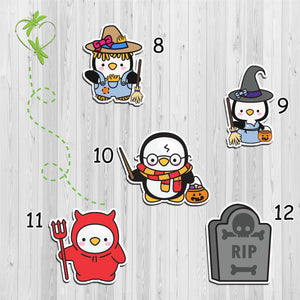 Tombstone, penguin dressed as scarecrow, witch with broom, wizard, devil.