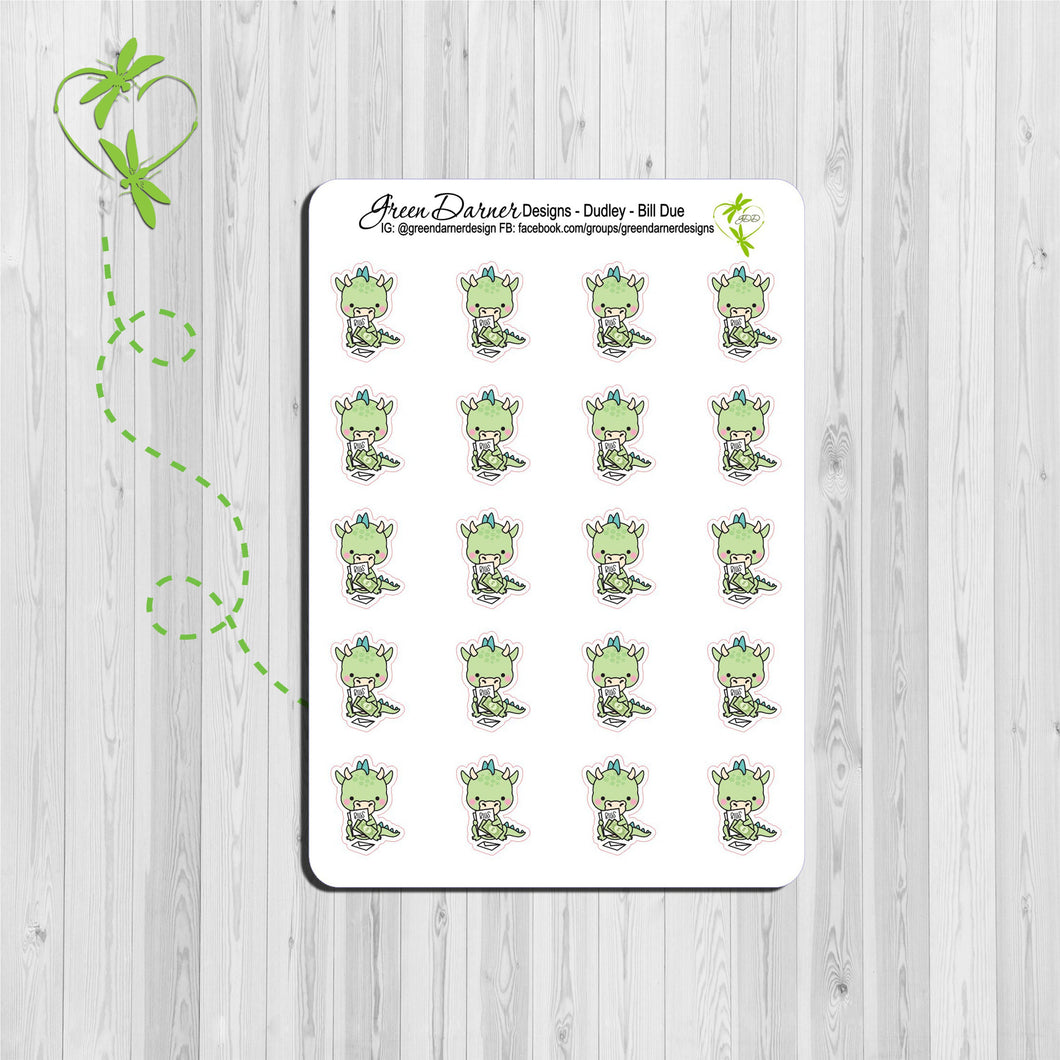 Dudley the Dragon Bill due stickers with dragon holding bills. Great for planners, calendars and scrapbooking