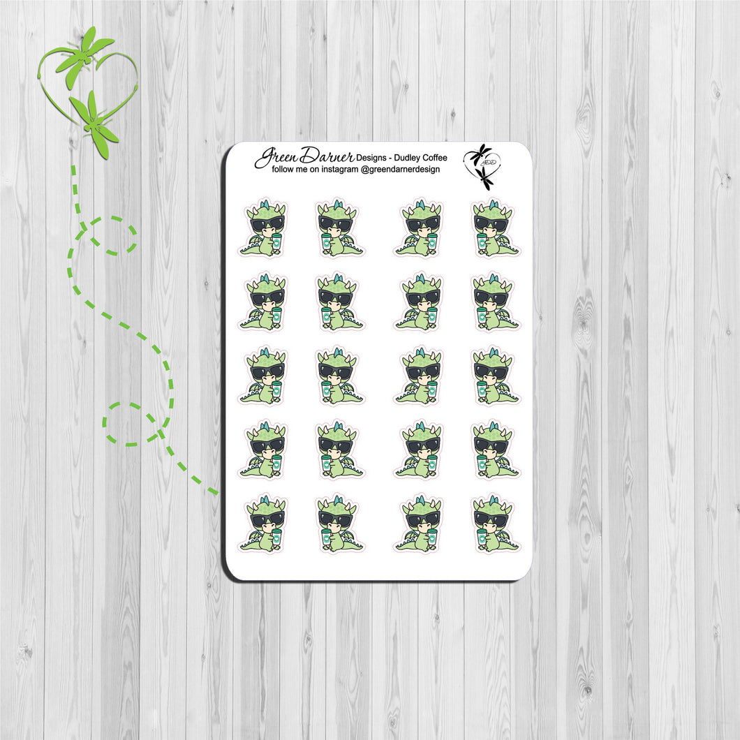 Dudley the Dragon coffee icon Kawaii character stickers, great for planners, calendars and scrapbooking