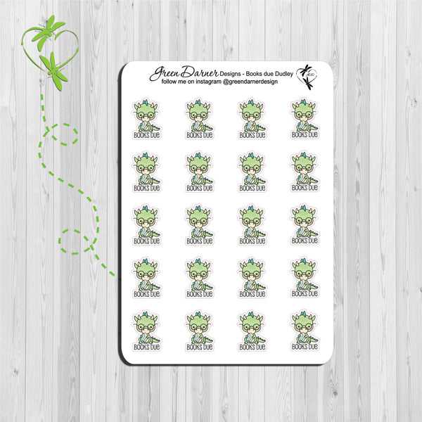 Load image into Gallery viewer, Dudley the Dragon Books Due - Dragon with text books due . Kawaii character stickers great for planners, calendars and scrapbooking
