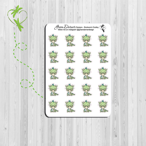 Load image into Gallery viewer, Dudley the Dragon book worm, dragon holding books. Kawaii character stickers great for planners, calendars and scrapbooking
