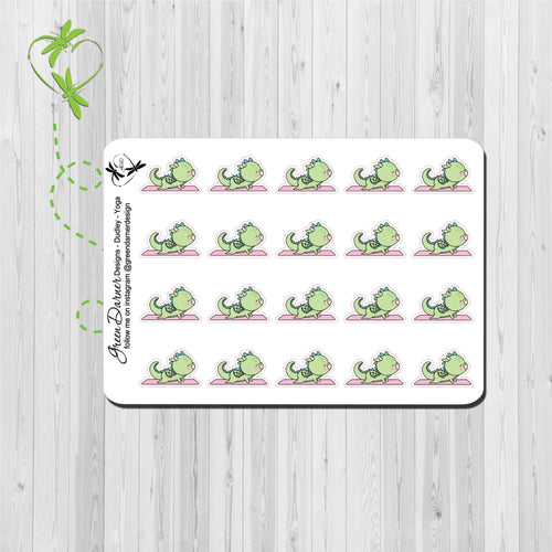 Dudley the Dragon Kawaii character stickers doing yoga. Great for planners, calendars and scrapbooking
