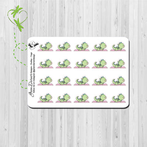 Dudley the Dragon Kawaii character stickers doing yoga. Great for planners, calendars and scrapbooking