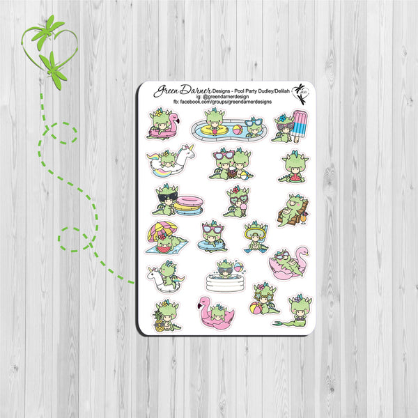 Load image into Gallery viewer, Dudley the Dragon pool party decorative stickers great for planners, calendars and scrapbooking
