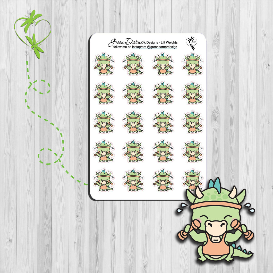 Dudley the Dragon lifting weights, Kawaii character stickers. Great for planners, calendars and scrapbooking