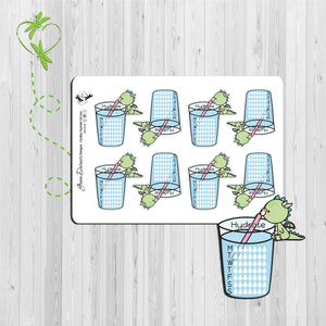 Dudley the Dragon hydrate full boxes weekly habit tracker. Dragon is sipping water from a glass with daily drops for tracking water intake. Great for planners, calendars or scrapbooking