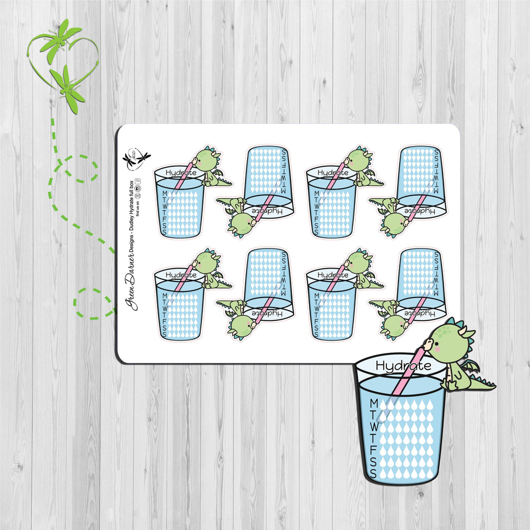 Dudley the Dragon hydrate full boxes weekly habit tracker. Dragon is sipping water from a glass with daily drops for tracking water intake. Great for planners, calendars or scrapbooking
