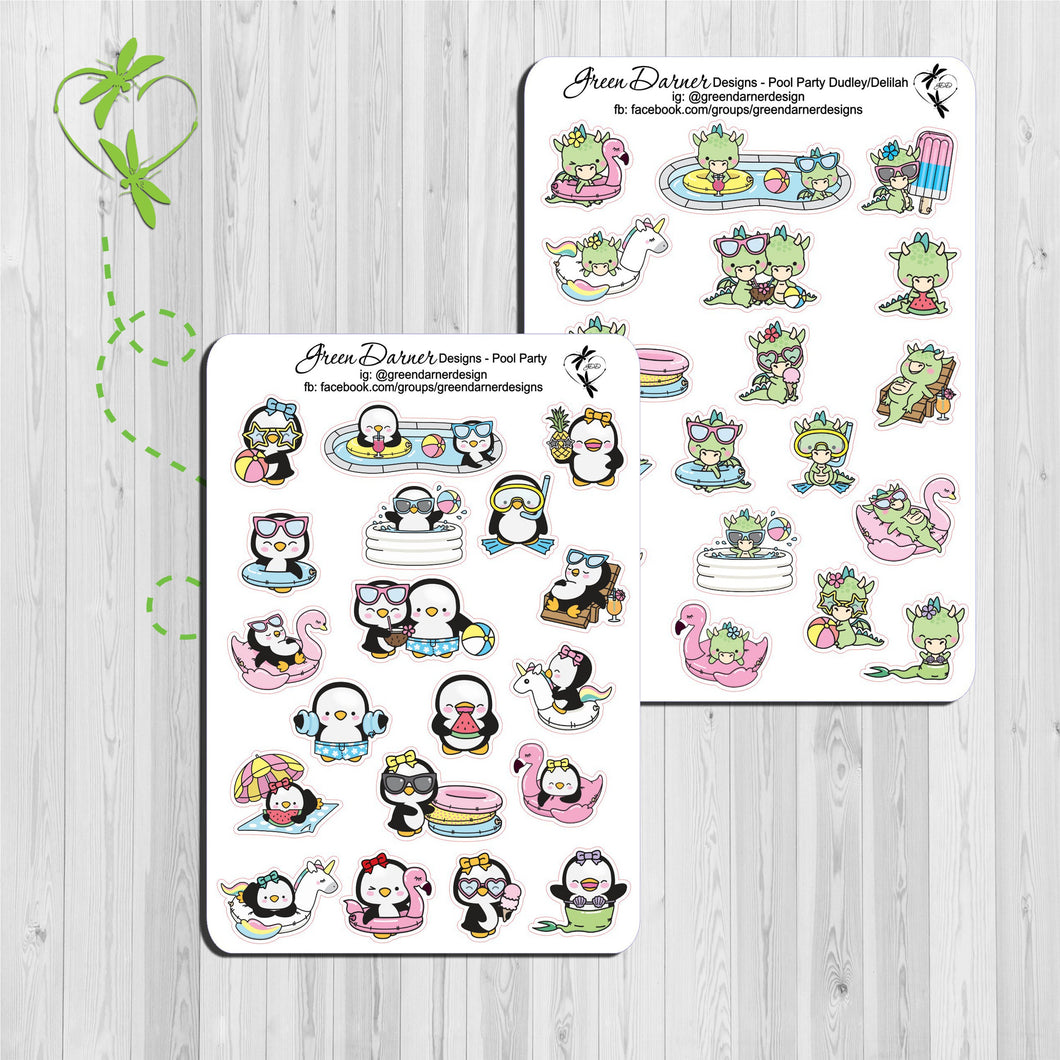 Pearl the Penguin and Dudley the Dragon pool party decorative stickers great for planners, calendars and scrapbooking