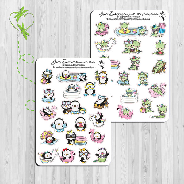 Load image into Gallery viewer, Pearl the Penguin and Dudley the Dragon pool party decorative stickers great for planners, calendars and scrapbooking
