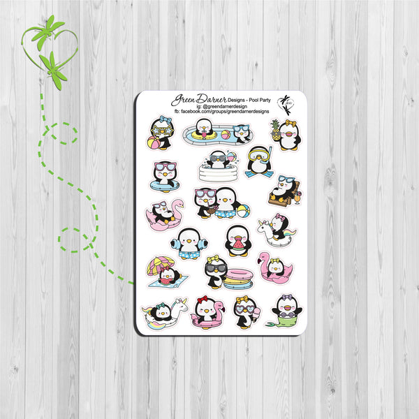 Load image into Gallery viewer, Pearl the Penguin pool party decorative stickers great for planners, calendars and scrapbooking
