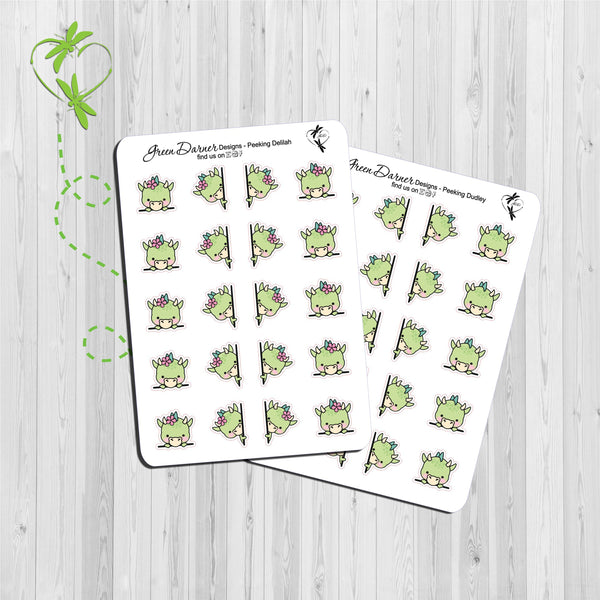 Load image into Gallery viewer, Dudley and Delilah peeking kawaii character stickers, great for planners, calendars or scrapbooking
