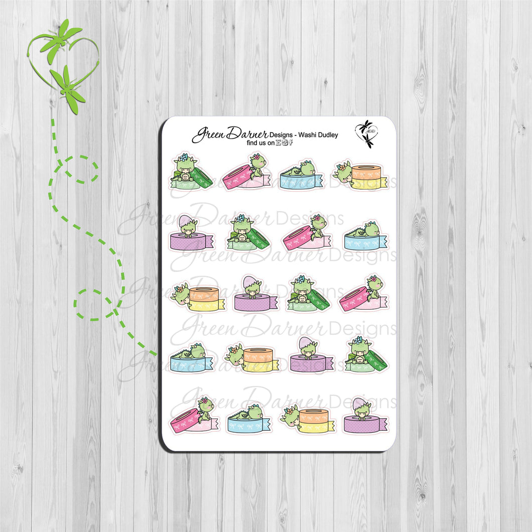 Delilah the Dragon Kawaii character stickers with dragon in or on rolls of washi tape. Decorative stickers great for planners, calendars and scrapbooking