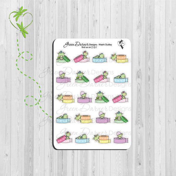Load image into Gallery viewer, Delilah the Dragon Kawaii character stickers with dragon in or on rolls of washi tape. Decorative stickers great for planners, calendars and scrapbooking
