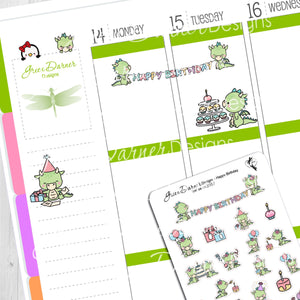 Dudley the dragon birthday stickers in planner for sizing, based on the Erin Condren planner