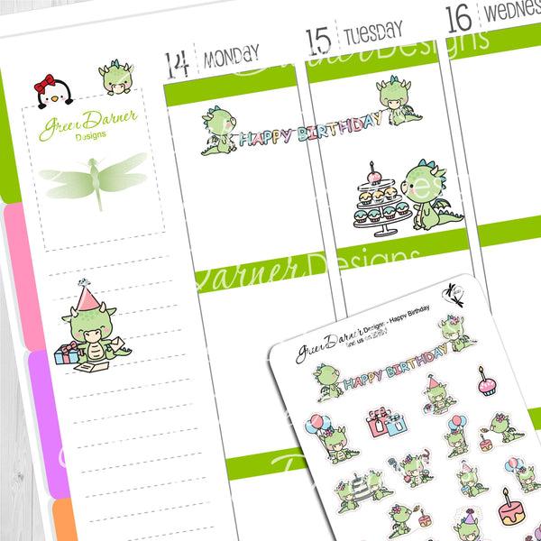 Load image into Gallery viewer, Dudley the dragon birthday stickers in planner for sizing, based on the Erin Condren planner
