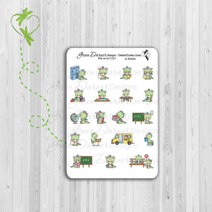 Dudley and Delilah the Dragon go to school. Various stickers of dragons on the bus, teacher at blackboard, school bus stop, at desk, science, holding book, etc. Great for planners, calendars and scrapbooking