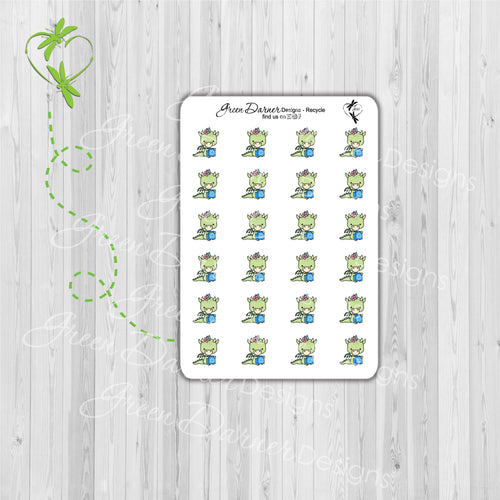 Dudley the Dragon recycle. Dragon holding recycle bin. Stickers great for planners, calendars and scrapbooking