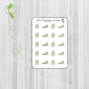 Dudley the Dragon under the weather, dragons with thermometers in their mouth and ice bag on heads. Kawaii character stickers, great for planners, calendars and scrapbooking