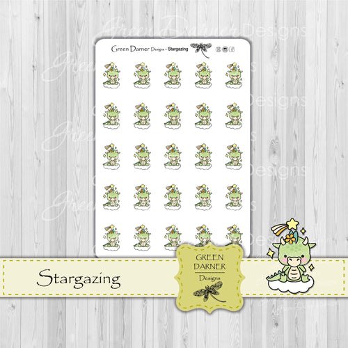 Delilah the Dragon  Stargazing  Kawaii character stickers,  celestial icon tracker with shooting stars, great for planners, calendars and scrapbooking