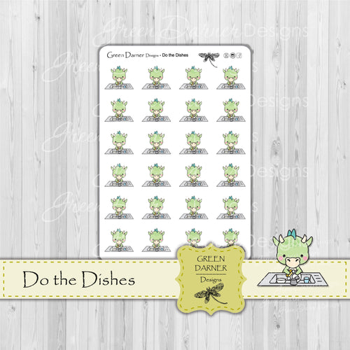 Dudley the Dragon washing dishes, decorative stickers for planners, calendars and scrapbooking