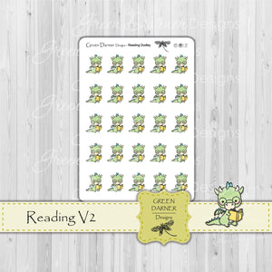 Dudley the Dragon, reading stickers. Dragon wearing glasses holding open book