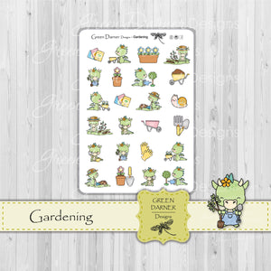 Delilah the Dragon Gardening. Dragon with wheelbarrow, or shovel, or plant, watering plant, digging in the garden and more. Kawaii character stickers great for planners, calendars and scrapbooking