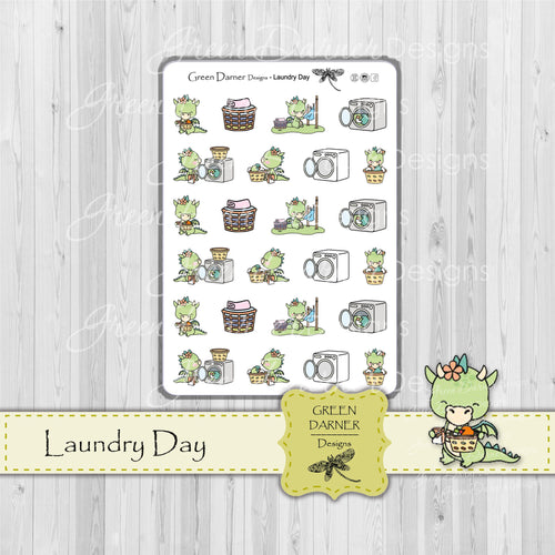 Delilah the Dragon laundry day stickers, washing machine, folded laundry, handing up laundry and more. Great for planners, calendars and scrapbooking