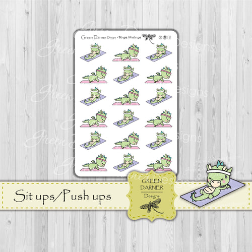 Dudley the Dragon doing sit ups and pushups decorative stickers great for planners, calendars and scrapbooking