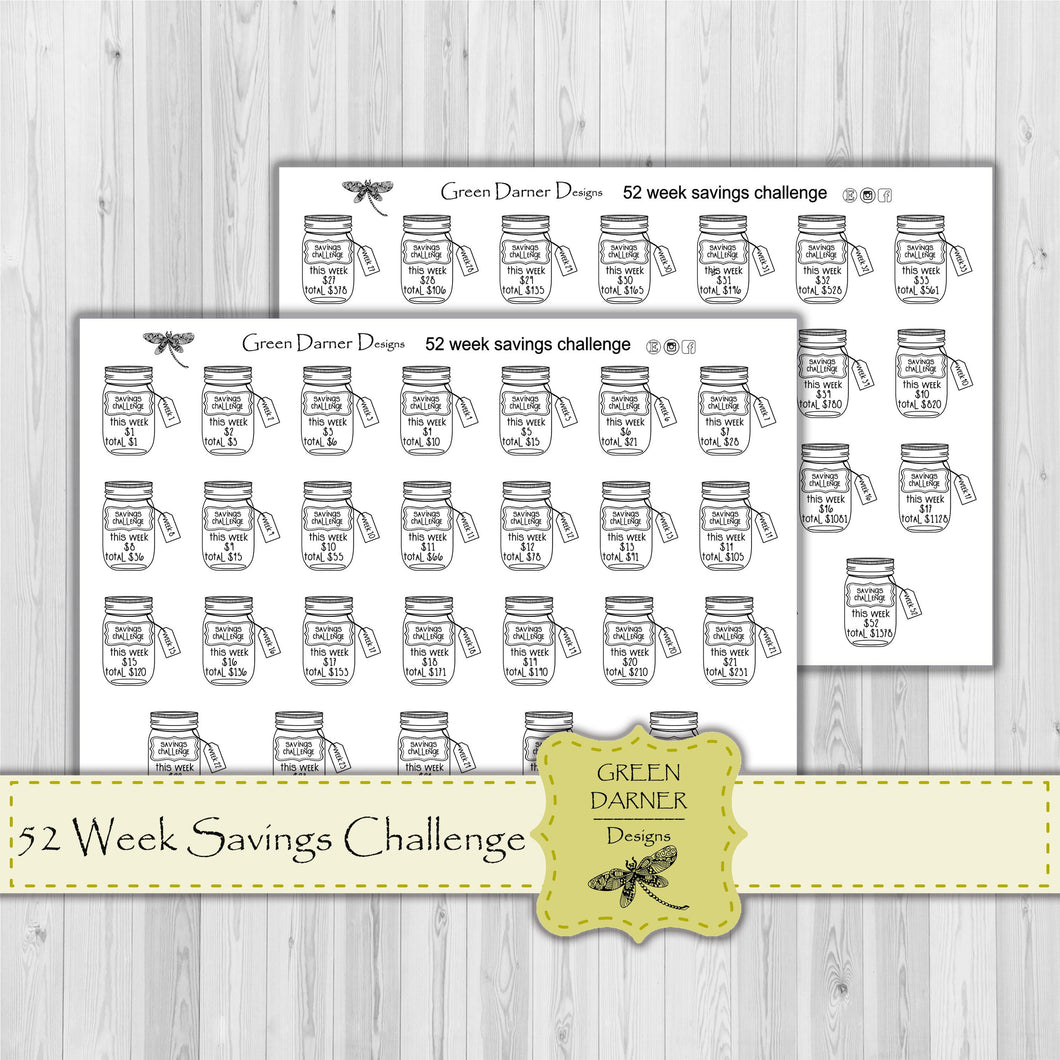52 week savings challenge jar stickers