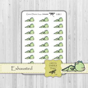 Dudley the Dragon exhausted. Dragon laying on stomach with eyes closed. Kawaii character stickers