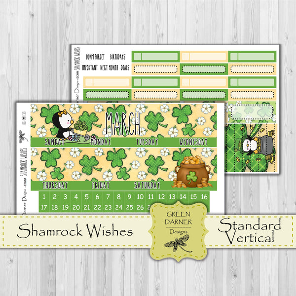 Load image into Gallery viewer, Erin Condern Planner Monthly - Shamrock Wishes - Pearl the Penguin - customizable monthly
