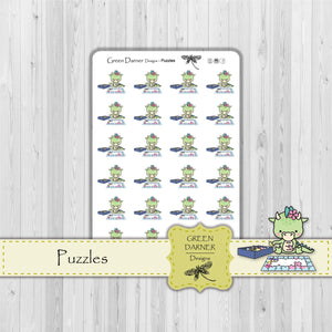 Delilah the Dragon doing Puzzles, Kawaii character, family time, game night decorative stickers great for planners, calendars and scrapbooking