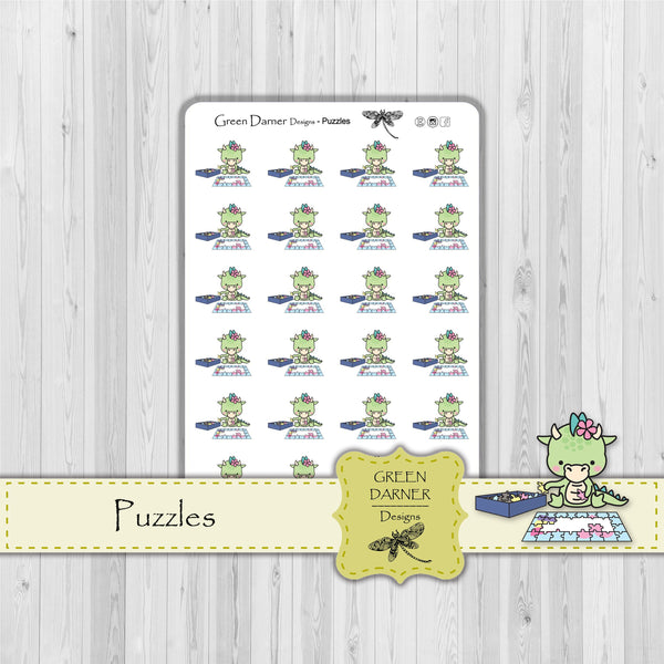 Load image into Gallery viewer, Delilah the Dragon doing Puzzles, Kawaii character, family time, game night decorative stickers great for planners, calendars and scrapbooking
