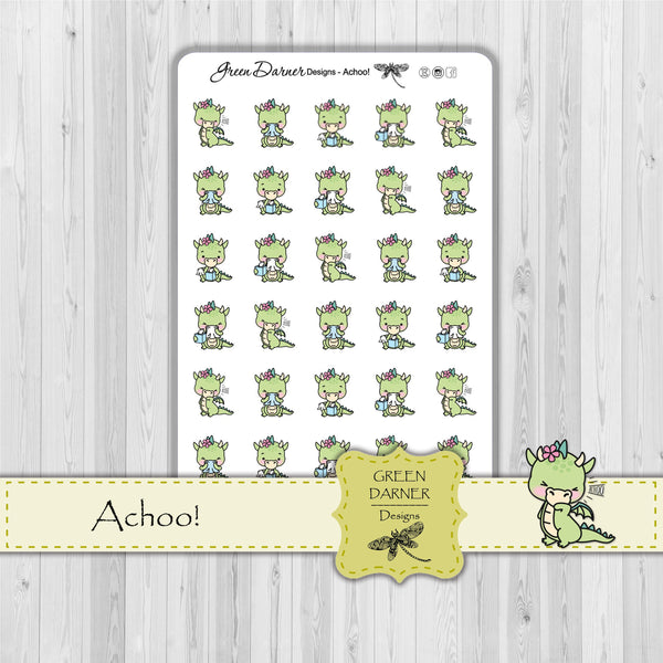 Load image into Gallery viewer, Dalilah the Dragon Achoo, sneezing dragon, seasonal allergies , kawaii character decorative stickers for planners, calendars and scrapbooking
