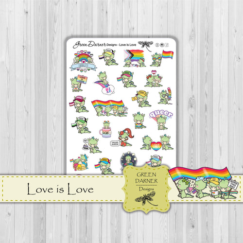Dudley the Dragon Love is Love, LGBTQ, pride, queer Kawaii character stickers. Great for planners, calendars and scrapbooking