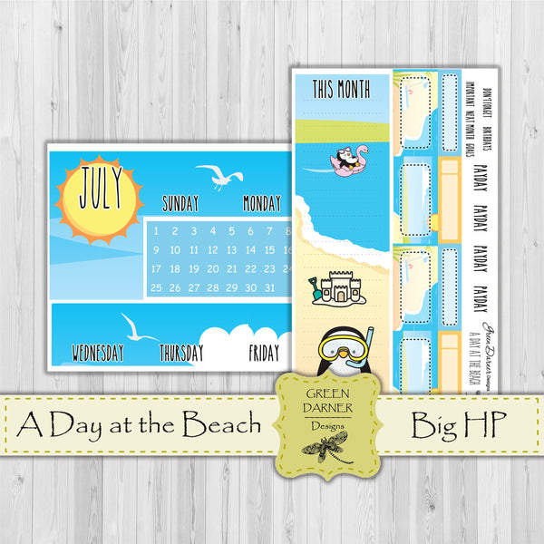 Load image into Gallery viewer, Big Happy Planner Monthly - A Day at the Beach - Pearl the Penguin - customizable monthly
