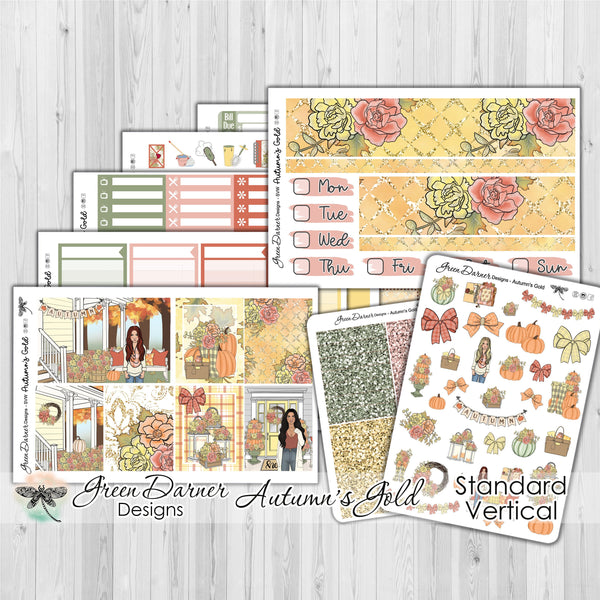 Load image into Gallery viewer, Autumn&#39;s Gold - standard vertical/Erin Condren weekly planner sticker kit
