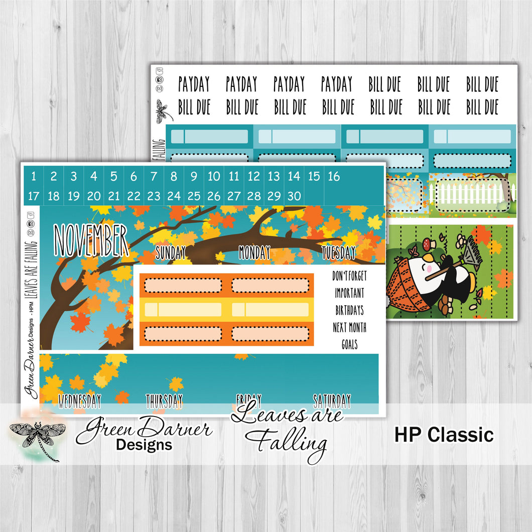 Happy Planner Monthly - Leaves are Falling - Pearl the Penguin - customizable monthly