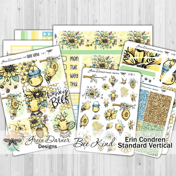 Load image into Gallery viewer, Bee Kind - standard vertical/Erin Condren weekly planner sticker kit
