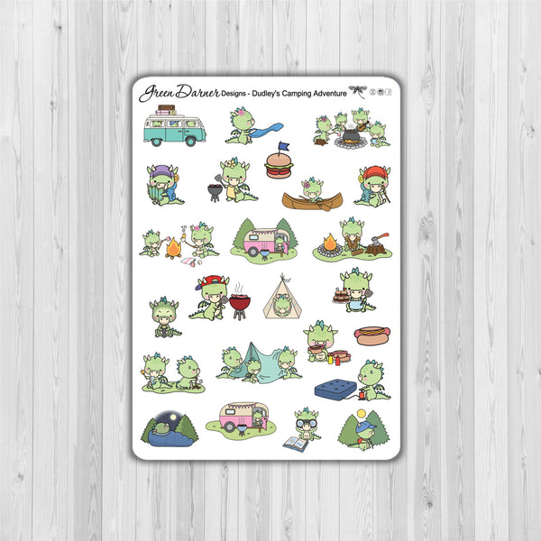 Load image into Gallery viewer, Dudley the Dragon Dudley&#39;s camping adventure Kawaii character stickers, tenting, hiking, trailer, grilling stickers and more. Great for planners, calendars and scrapbooking
