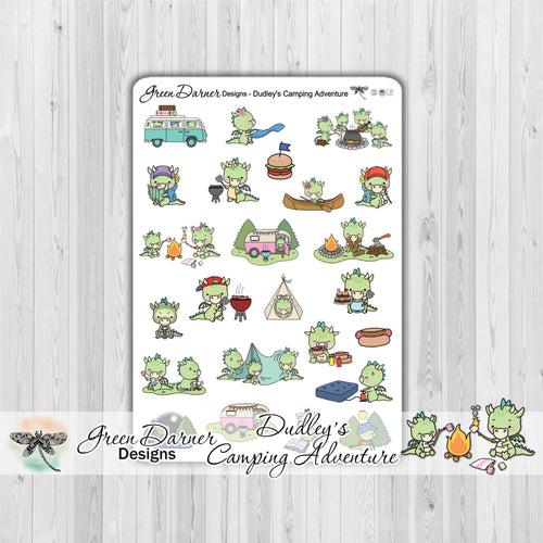 Dudley the Dragon Dudley's camping adventure Kawaii character stickers, tenting, hiking, trailer, grilling stickers and more. Great for planners, calendars and scrapbooking