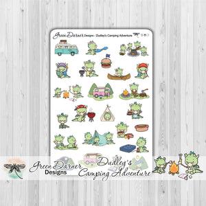 Dudley the Dragon Dudley's camping adventure Kawaii character stickers, tenting, hiking, trailer, grilling stickers and more. Great for planners, calendars and scrapbooking