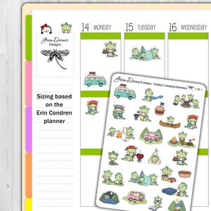 Dudley camping stickers with sizing based on the Erin Condren planner box sizes