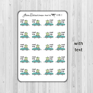 Delilah the Dragon road trip stickers with dragon in car and text road trip