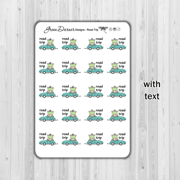 Load image into Gallery viewer, Delilah the Dragon road trip stickers with dragon in car and text road trip
